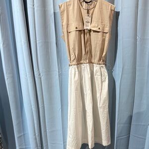 Zara Beige and White Midi Dress